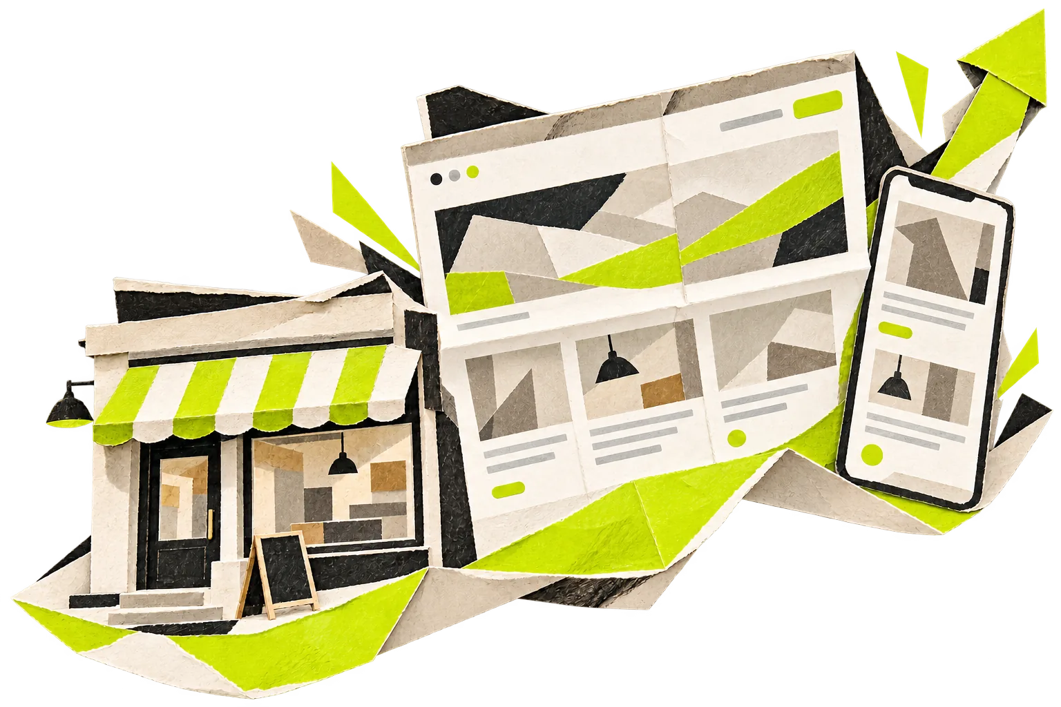 Paper-craft illustration of a small shop with a striped awning beside its new website, shown on a desktop browser and a mobile phone.