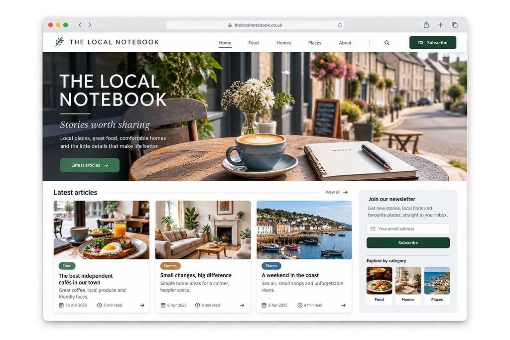 The Local Notebook blog shown in a browser window, with a feature article hero, a latest articles grid and a newsletter sign-up.