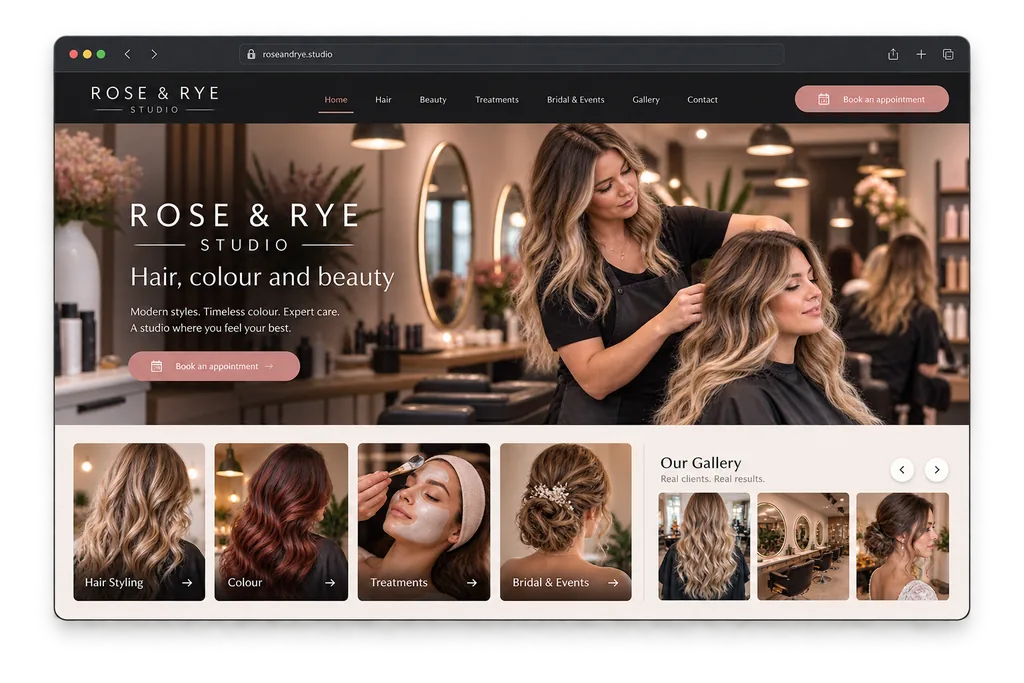 Rose & Rye Studio salon website shown in a browser window, with a stylist at work, treatment categories and a gallery.