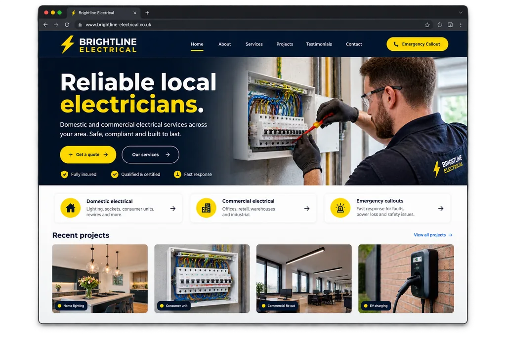 Brightline Electrical website shown in a browser window, with an electrician at work, service categories and a recent projects gallery.
