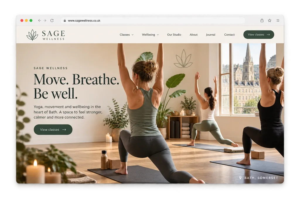 Sage Wellness website shown in a browser window, with a yoga studio hero image and class navigation.